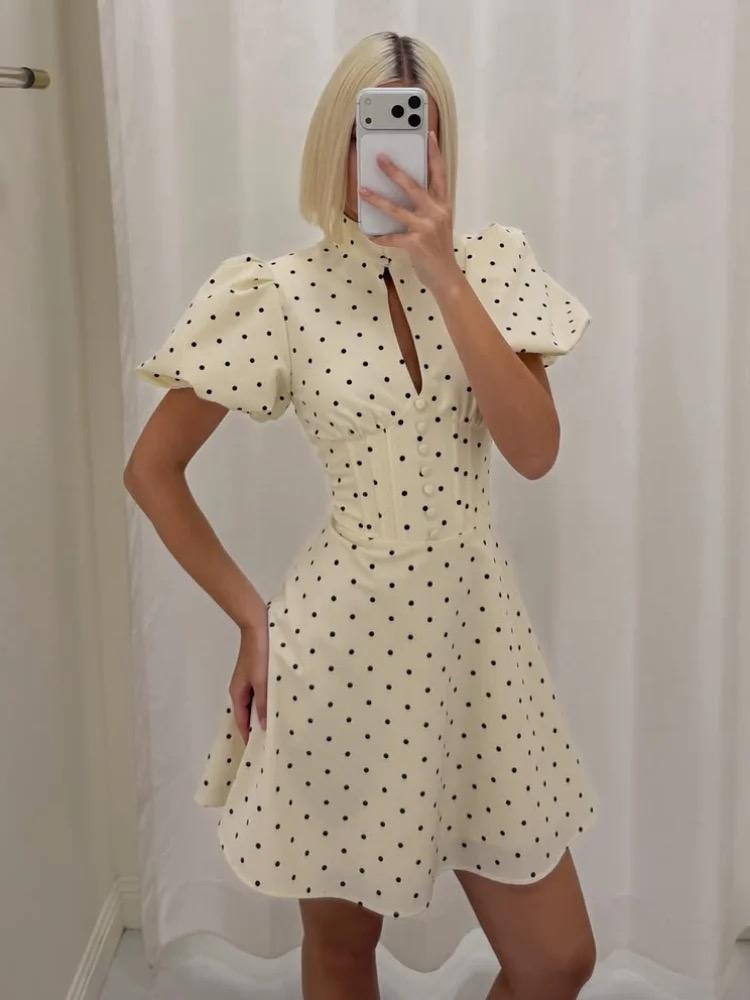 Retro Polka Dot Mini A-line Dress Women Elegant Stand Collar Puff Short Sleeve Waist-cinching Dresses Lady Party Robe 2026 New