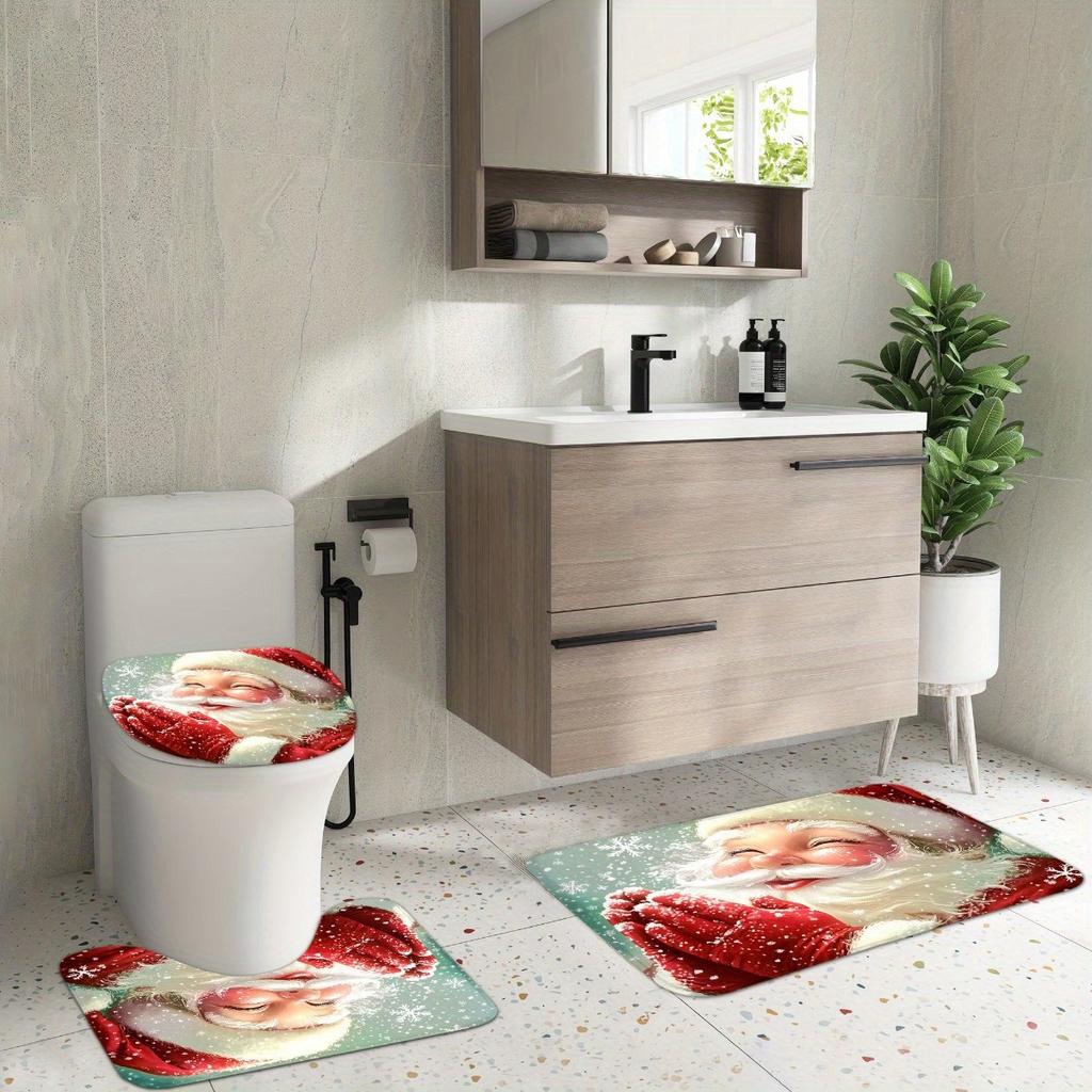 4Pcs Cute Santa Claus & Snow Shower Curtain Set with Non-Slip Bath Mat, Toilet Lid Cover, Contour Rug & 12 Hooks, Bathroom Decor