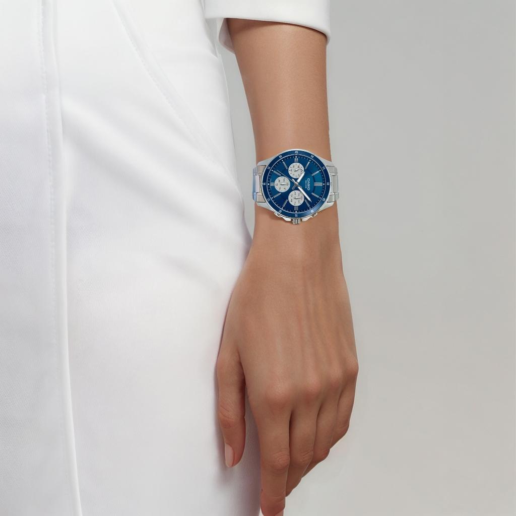Casio Quarzwerk Edelstahlarmband Uhr Unisex Blaues Zifferblatt MTP-1374D-2A3V