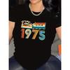 European Sizes 1975 Retro Tape Design Black Short Sleeve T-Shirt for Women, Made of Lightweight And Durable Fabric, Ideal for Casual Outings At Home