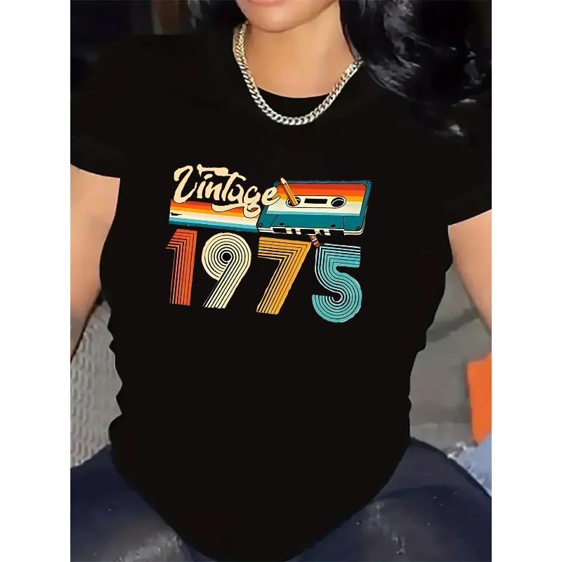 

European sizes 1975 Retro Tape Design Black Short Sleeve T-Shirt for Women, Made of Lightweight And Durable Fabric, Ideal for Casual Outings at Home 4XL