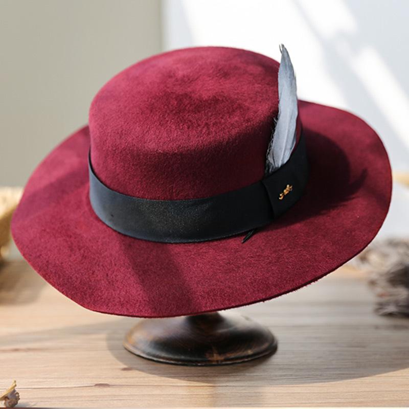 Rongmei New Hat Women's Autumn and Winter Wool Ni Top Hat Women's British Fashion Brushed Felt Hat Classic Flat Top Hat