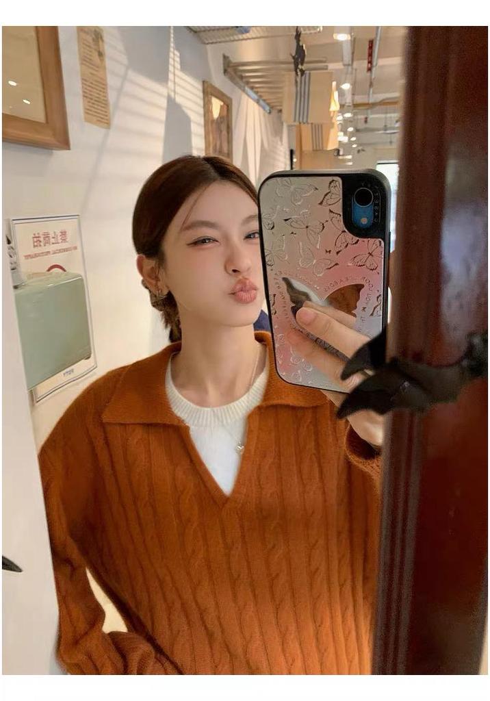100% Pure Wool Color Block Lapel Korean Style Pullover Knitwear - Women's Autumn Winter Loose Cable Knit Sweater