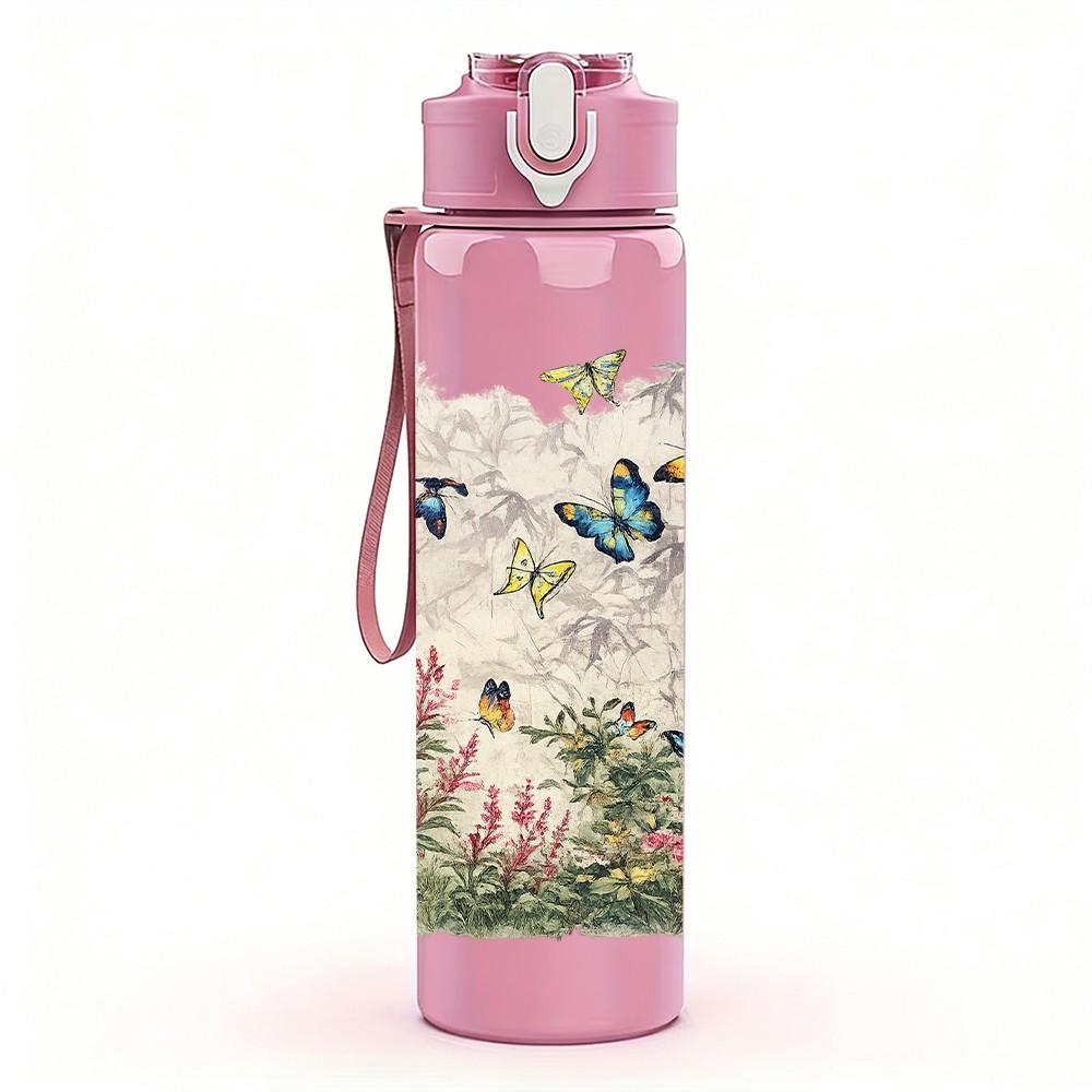 1PC Light Pastel Meadow Wildflower Print 750ml Color Plastic Sports Water Bottle Leakproof Flip Straw Lid Suitable for Sports Office Home Use