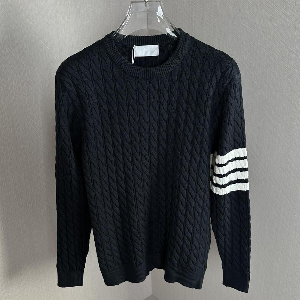 Men's European-Style Cable Knit Sweater with Four-Bar Stripes - Trendy Autumn/Winter Round Neck Pullover