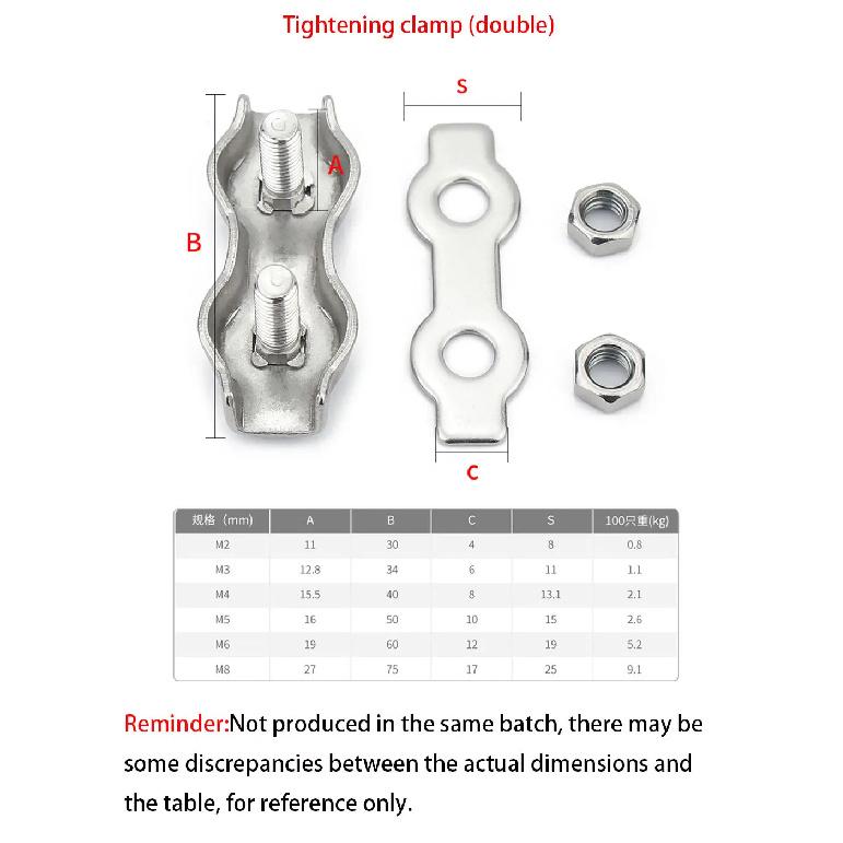 2PCS 304 Stainless Steel Wire Rope Clamp Single/Double Clamp Wire Rope Cable Clamp Size M2-M8