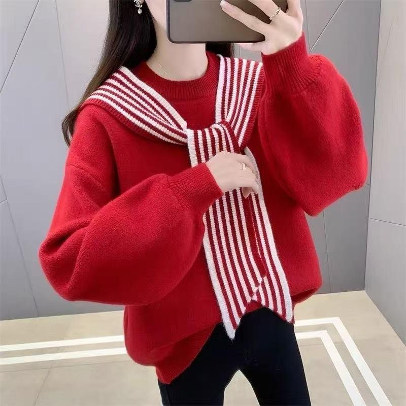 Stylish Women's Purple Striped Shawl Sweater - Plus Size Knitted Fake Two-Piece, Winter 2025