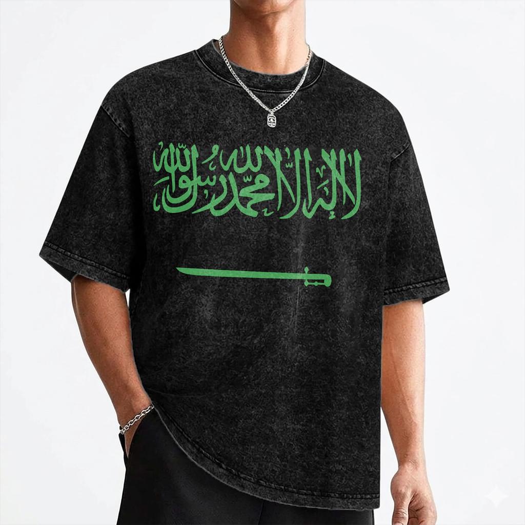 Saudi Arabia Flag T Shirt Washed Short Sleeve Oversize TShirt Saudi National Day for Men Women Streetwear Printed Tee Shirt