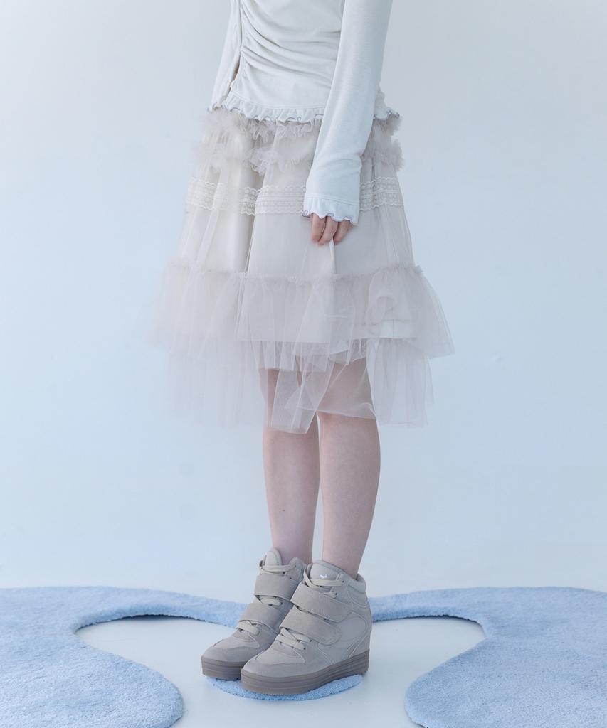 Mileko Tulle Frill Midi Skirt Soft Butter