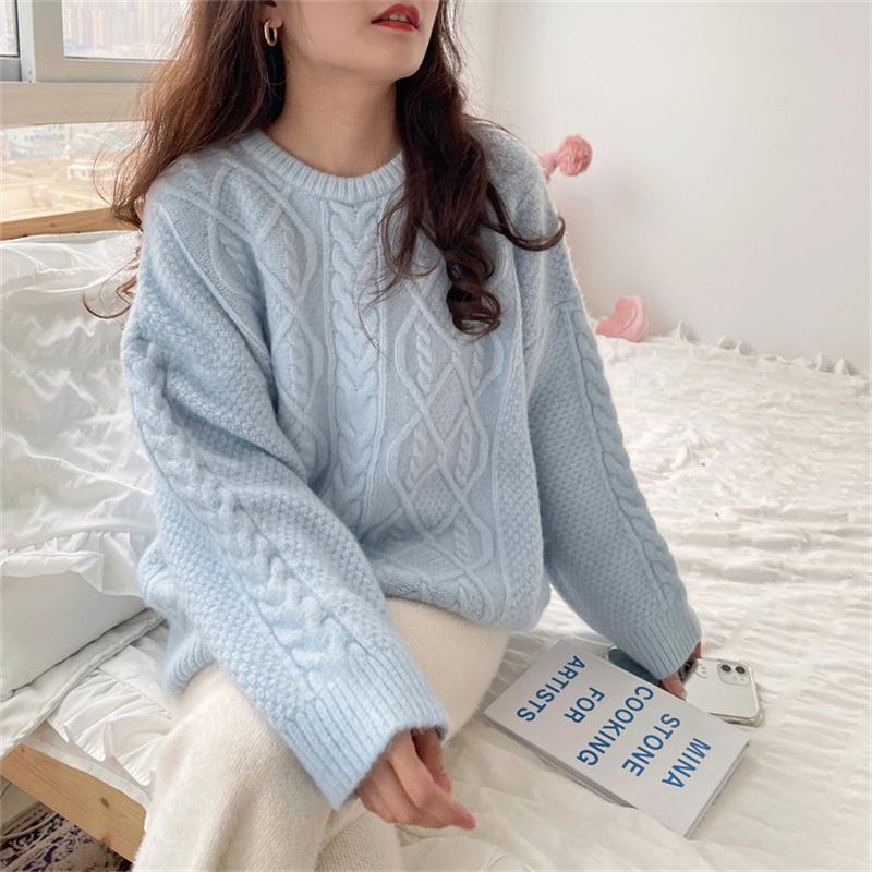 Women Knit Sweaters Thick Full Sleeve Round Neck Casual Sweater Pullover Elegant Ladies Solid Winter Slight Strech Sweaters