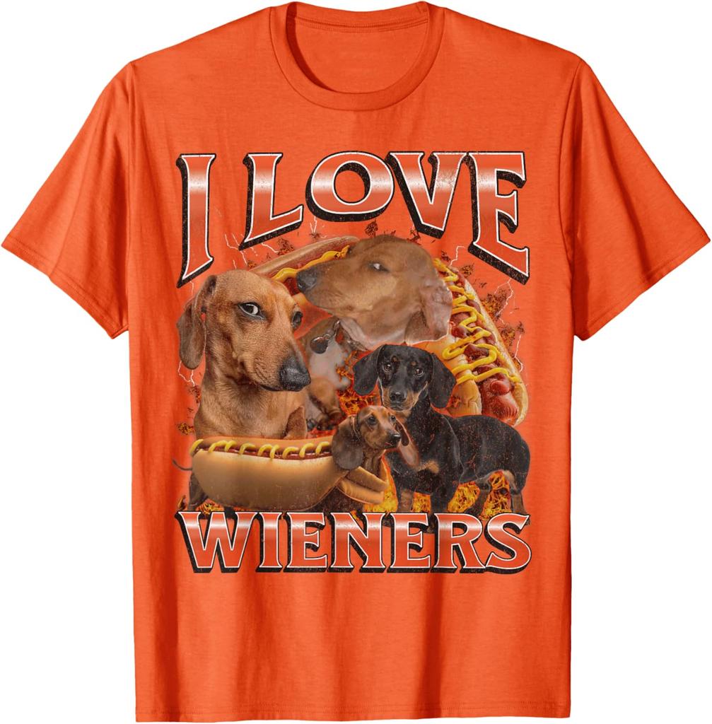 I Love Wieners Dachshund Dog Hot Dog Graphic Tee Funny Casual Cotton Short Sleeve T-Shirt Pets Owner Walking Outdoor