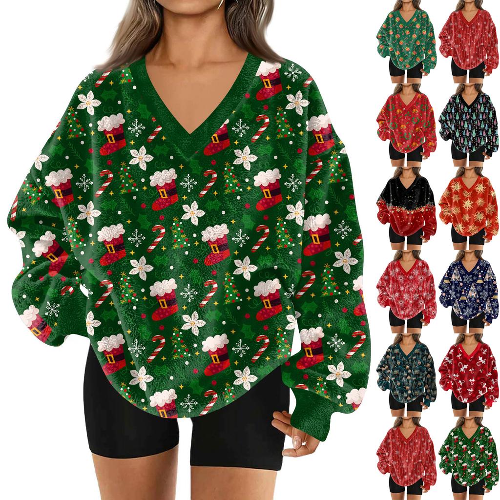 Women's Fashionable V-neck Christmas Printed Long Sleeved Casual Pullover Plush Warm Pocket Sweatshirt Top