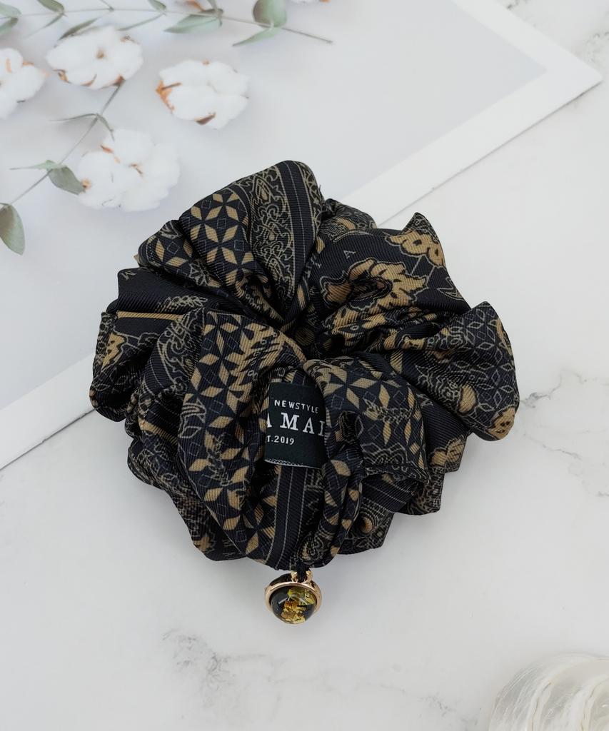 Maia Emblem Pattern Hair Scrunchie - Beige Bk