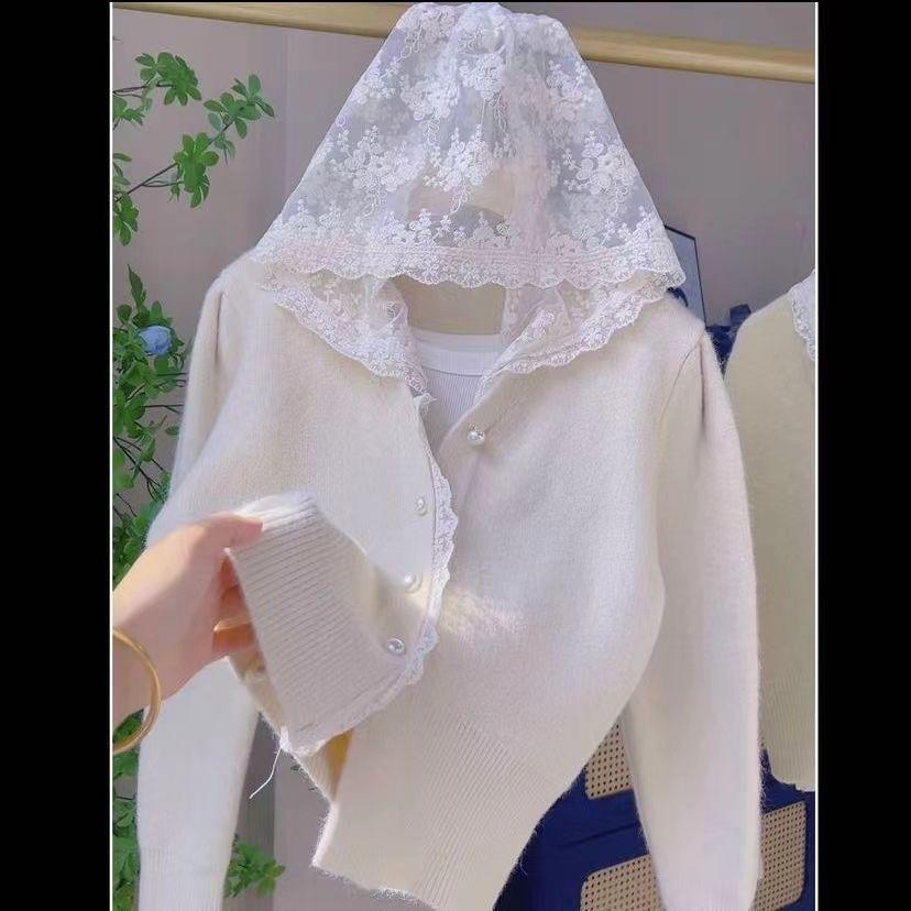 Hooded Lace Patchwork Knitted Cardigan - Long Sleeve Autumn/Winter Versatile Sweater
