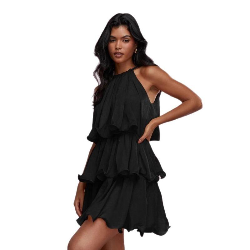 Vestido de Verano Nuevo Cuello Sin Mangas Tul de Gama Alta Borde con Volantes Temperamento Elegante