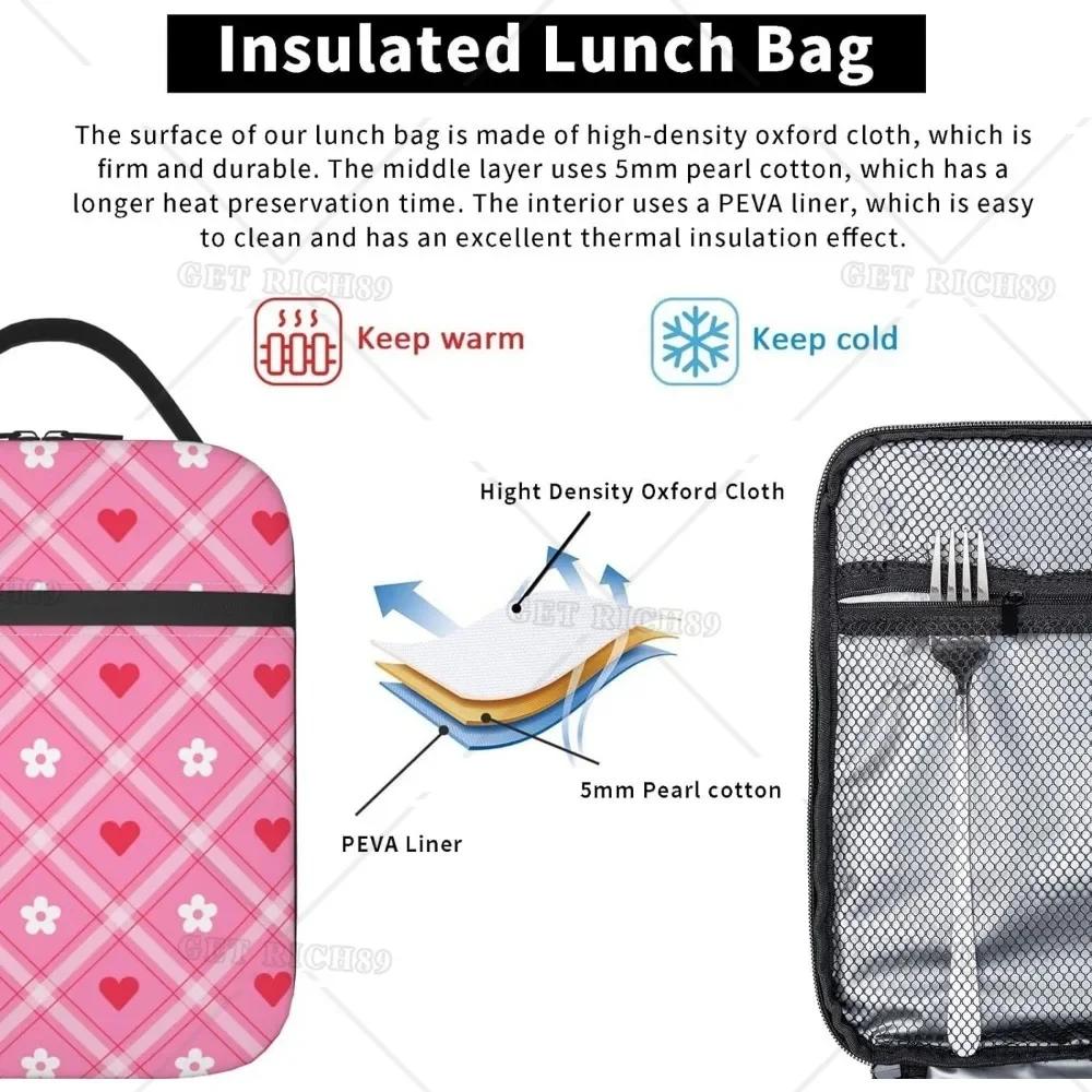 Cute Love Heart Pink Lunch Bag for Women Men Valentine's Day Theme Reusable Insulated Cooler Box for Work Office Picnic