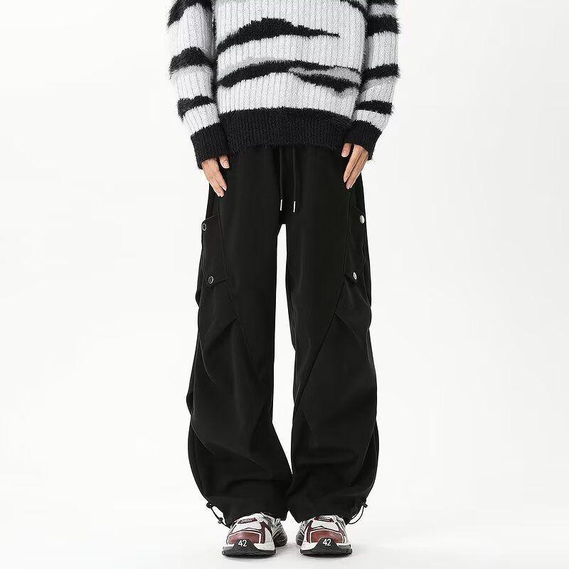 Men's Trendy Spring/Autumn Pleated Wide-Leg Overalls - Stylish, Handsome, and Casual Straight-Leg Trousers.