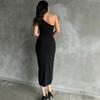 Women European Style One Shoulder Solid Color Slit Sleeveless High Waist Slim Sexy Long Dress