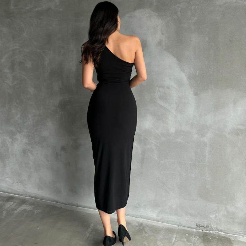Women European Style One Shoulder Solid Color Slit Sleeveless High Waist Slim Sexy Long Dress