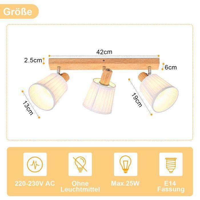 Spot plafond - NETTLIFE - Rétro-bohème - Bois blanc - 3x E14 orientable 350° - Abat-jour tissu