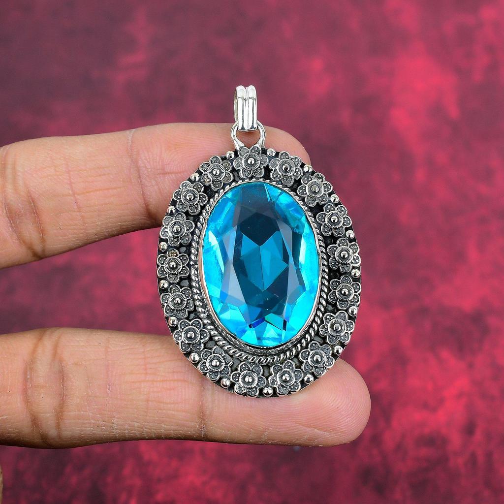 Blue Topaz 925 Solid Sterling Silver Jewelry, Handmade Gorgeous Silver Pendant, Beautiful Designer Pendant For Women Gift
