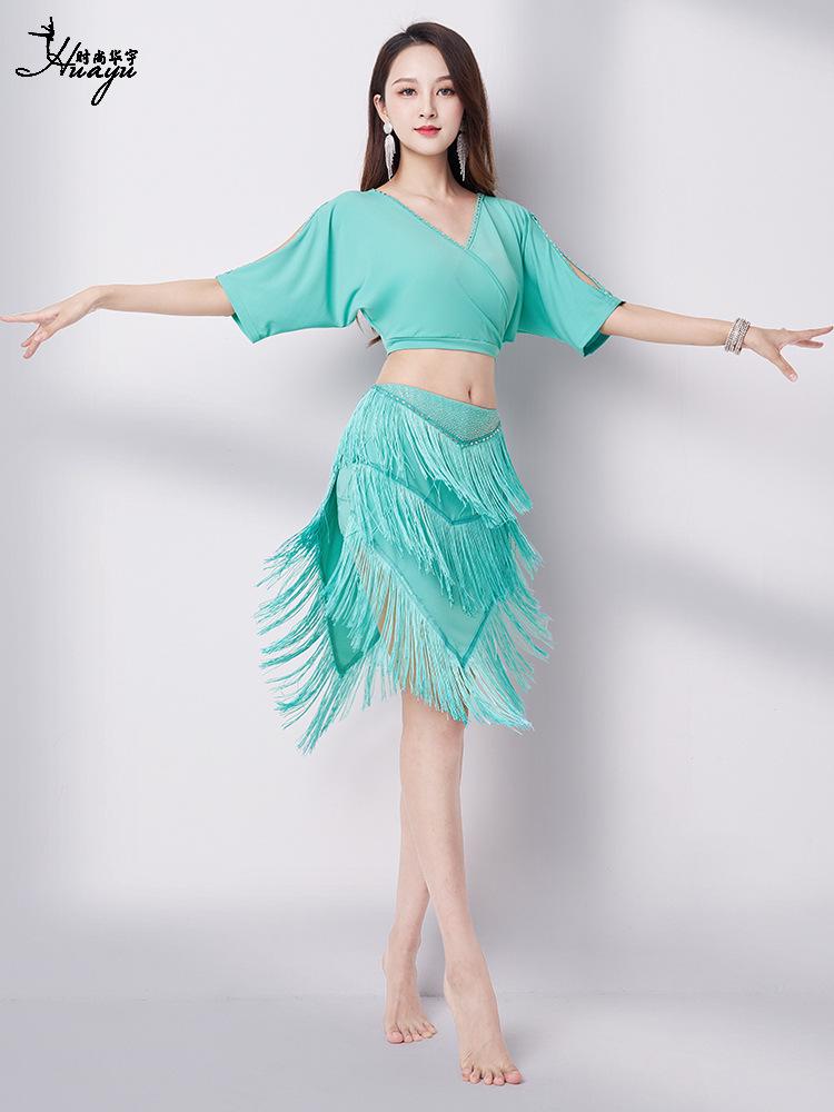 2025 Summer V-Neck Belly Dance Tassel Skirt Set - Sexy Oriental Performance Costume for Women