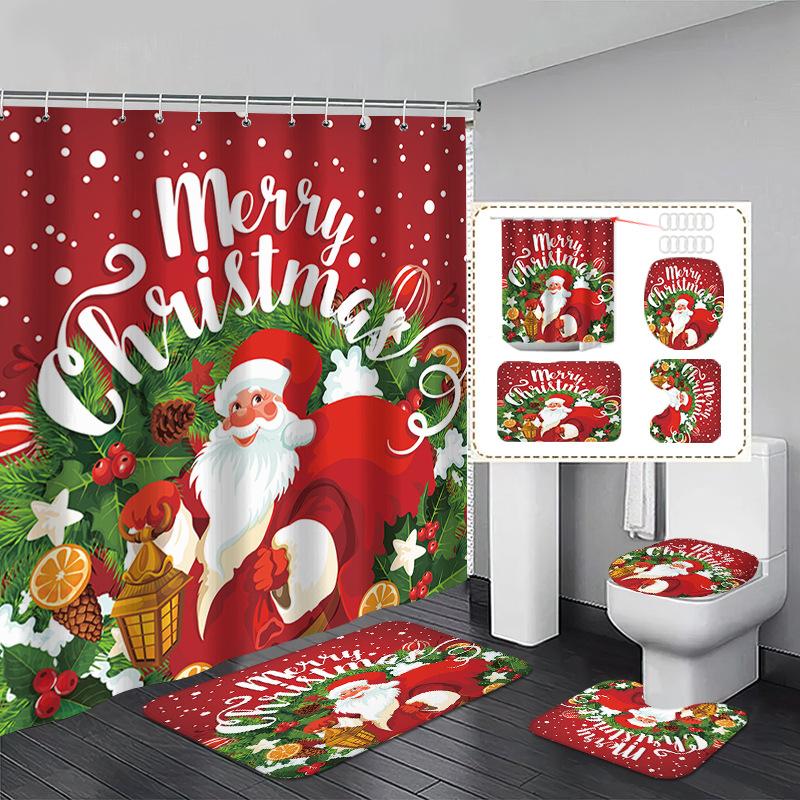 Red Marry Christmas Shower Curtain Santa Claus Printed Waterproof Polyester Bath Curtain For New Year Christmas Bathroom Decor