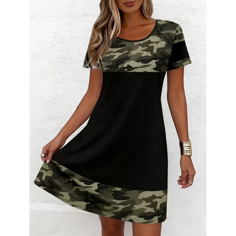 

Women s Elegant Round Neck Straight Cut Plaid Color-Block Dress 8XL