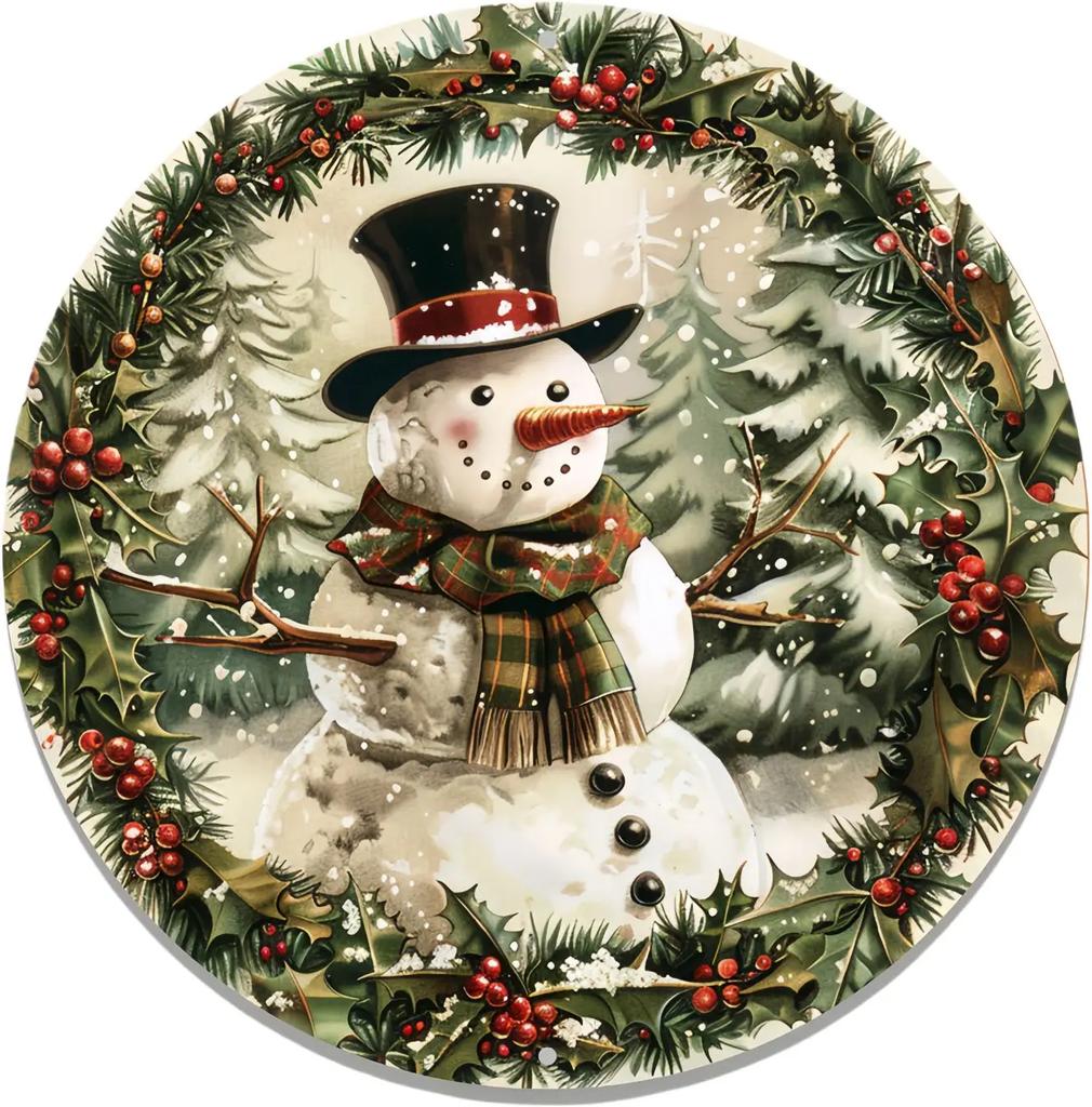 Round Metal Tin Sign Art Painting Wreath Decorative Plates Cartoon Snowman Christmas Poster for Home Garden Garage Wall Decor