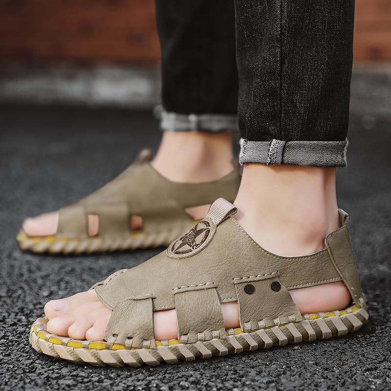 FashionSummer Men Shoes Casual Leather Sandals Handmade Sewing Outdoor Walking Anti-slip Beach Sport Shoes Platform Sandals Slipper Man