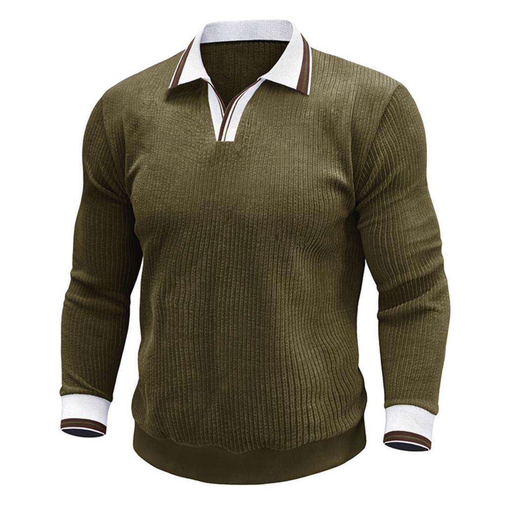 Men's Long,sleeved Color,blocked Pullover, Men's Lapel Corduroy Long,sleeved Top