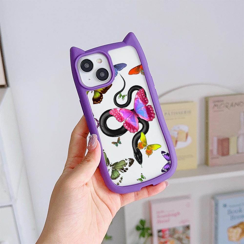 Soft Cat Ear Phone Cases for iPhone 16 15 13 12 11 Pro Max 14 Plus XR TPU Anti-Drop Transparent Acrylic Back Cover N77 Butterfly Black Gold Snake