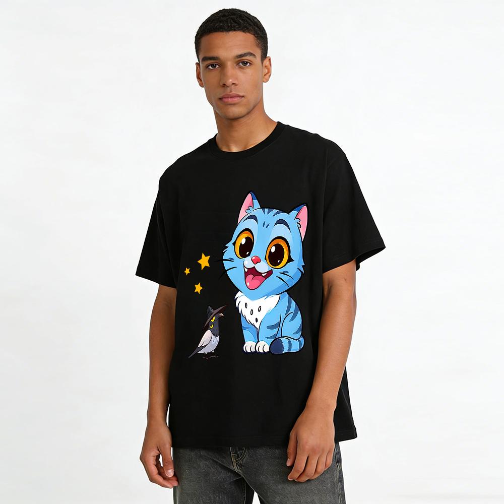 Cute Blue Cat & Hat-wearing Bird Print Casual Top Kids Boys Girls Breathable Daily T-shirt Pure cotton T-shirt