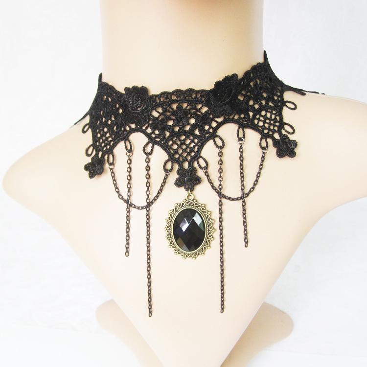 Trendy Black Lace Retro Pendant Crystal Tassel Necklace for Women - European and American Style GY035