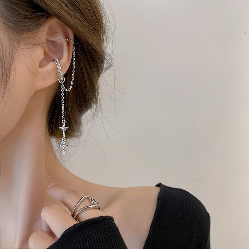 Goth Y2K Pink Crystal Heart Stud Earrings Ear Clip Piercing Wings Cartilage Chain Ear Studs for Women Harajuku Aesthetic Jewelry