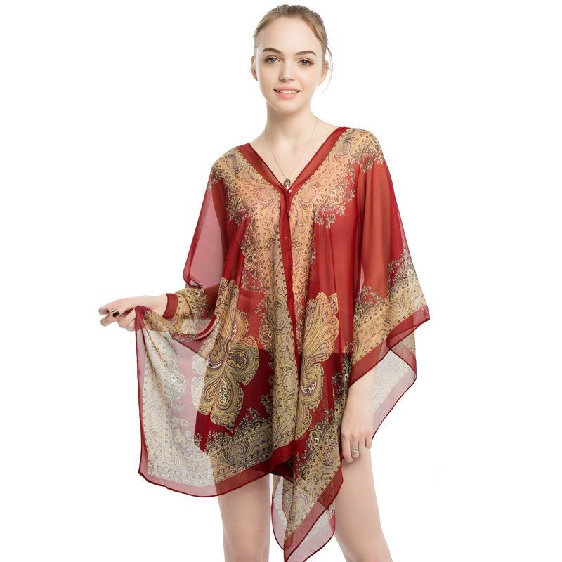 Shawls Summer Beach Sexy Women Fashion Print Chiffon Smock Bikini Cover Up Loose Blouse Sunscreen Comfortable Poncho Hot