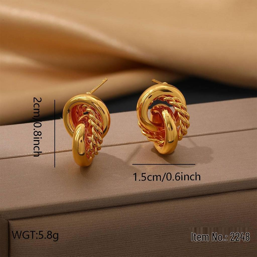Gold C-Shaped Round Hoop Earrings with Bright Surface, French Light Luxury, High-End Stainless Steel