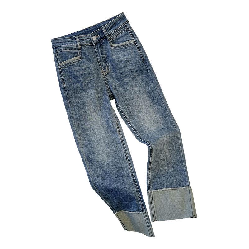 Damen Retro Kontrastnaht Gerade Jeans - Sommer Stretch Schlanke Zigarettenhose