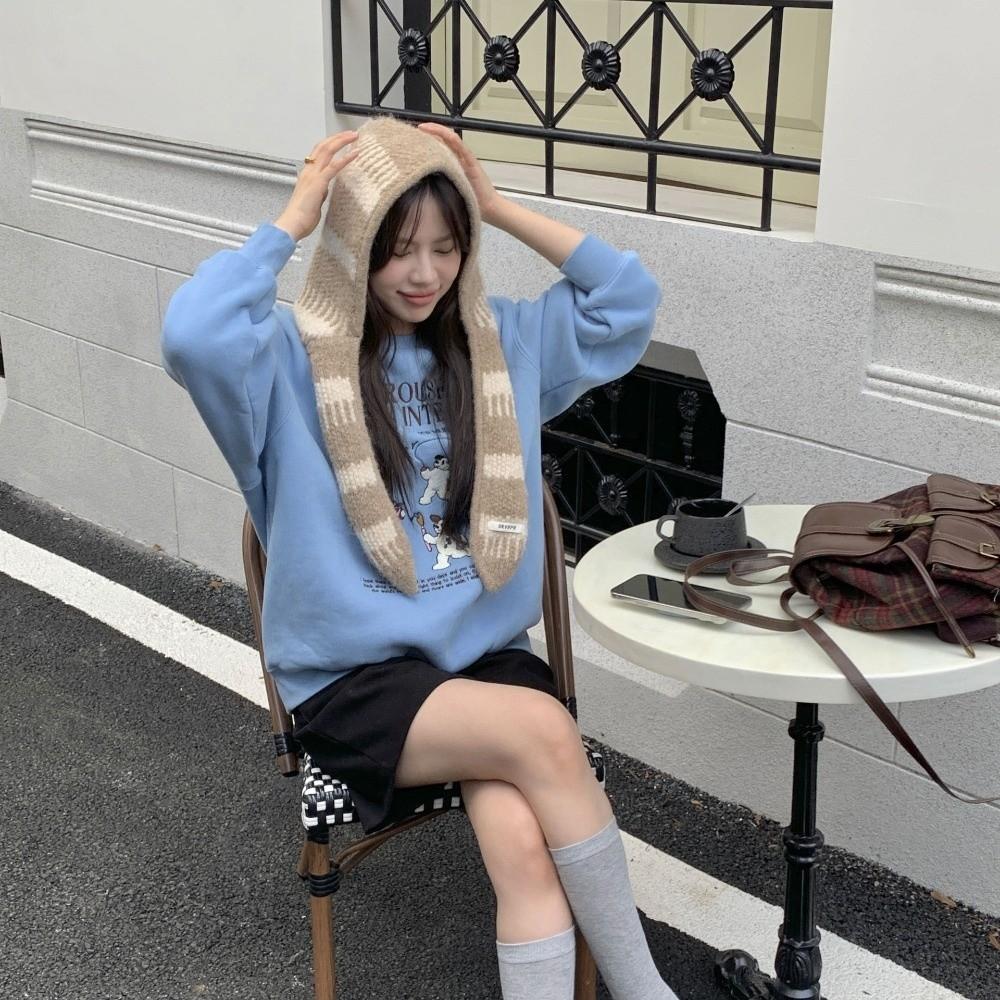 Windproof Winter Knitted Scarf Keep Warm Stripes Hat Scarf Hooded Scarf for Women  Autumn Winter