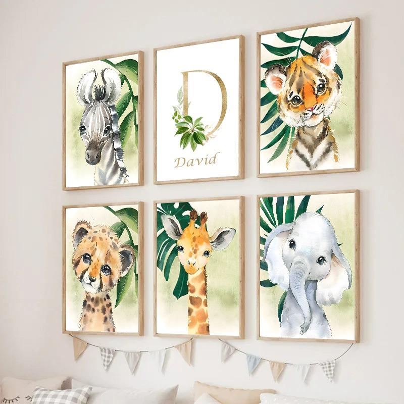Goldenes Namensposter für Kinder Dschungeltiere Tiger Löwe Babyzimmer Dekorative Leinwandmalerei Kinderzimmerbild für Wandkunst Heimdekoration
