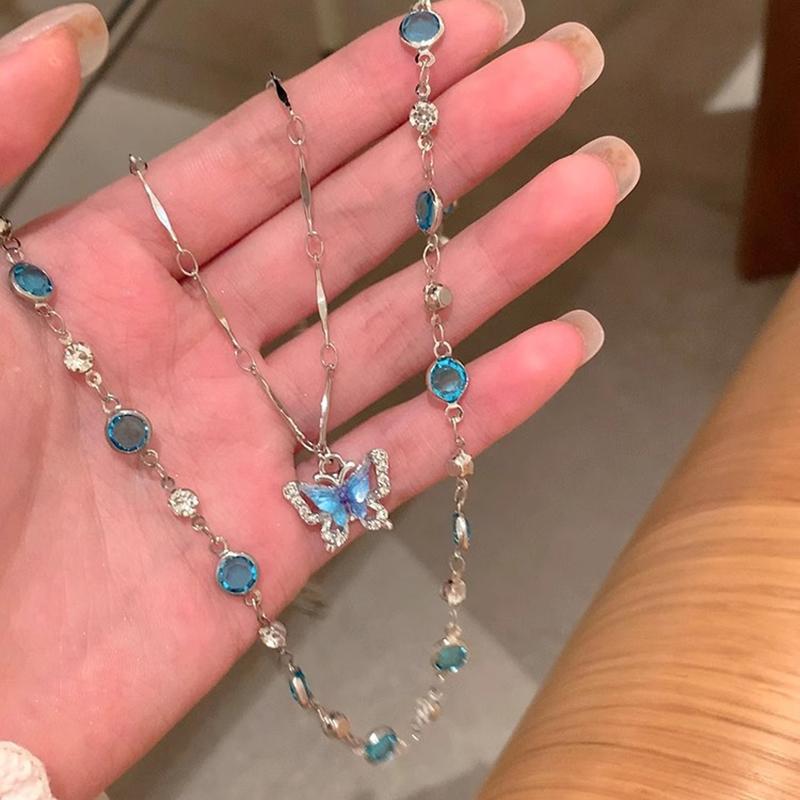 Romantic Blue Crystal Butterfly Necklace For Women Girls Simple Shiny Zircon Bilayer Choker Clavicle Chain New Fashion Jewelry