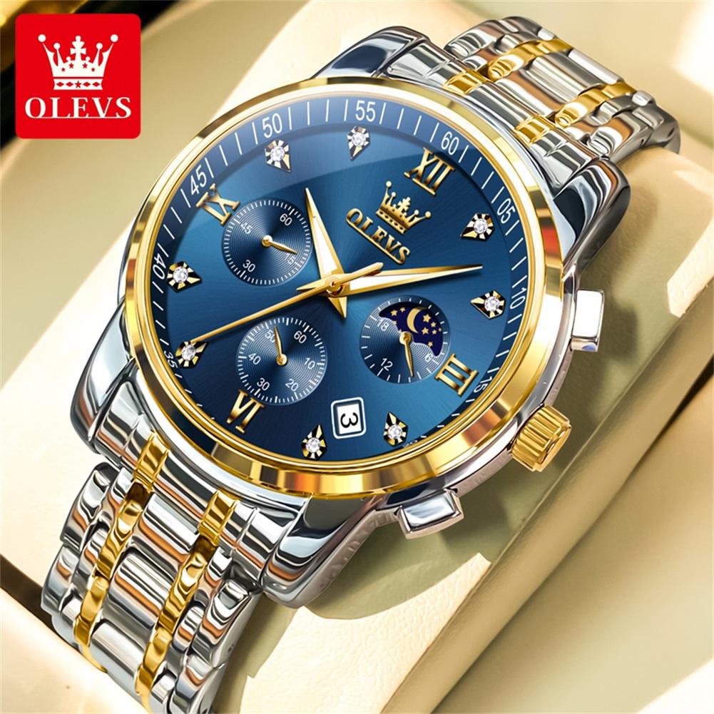 OLEVS 2858 Men's Watches Stainless Steel Waterproof Anti-Scratch Moon Phase Luminous Chronograph Luxury Quartz Men's Wristwatch