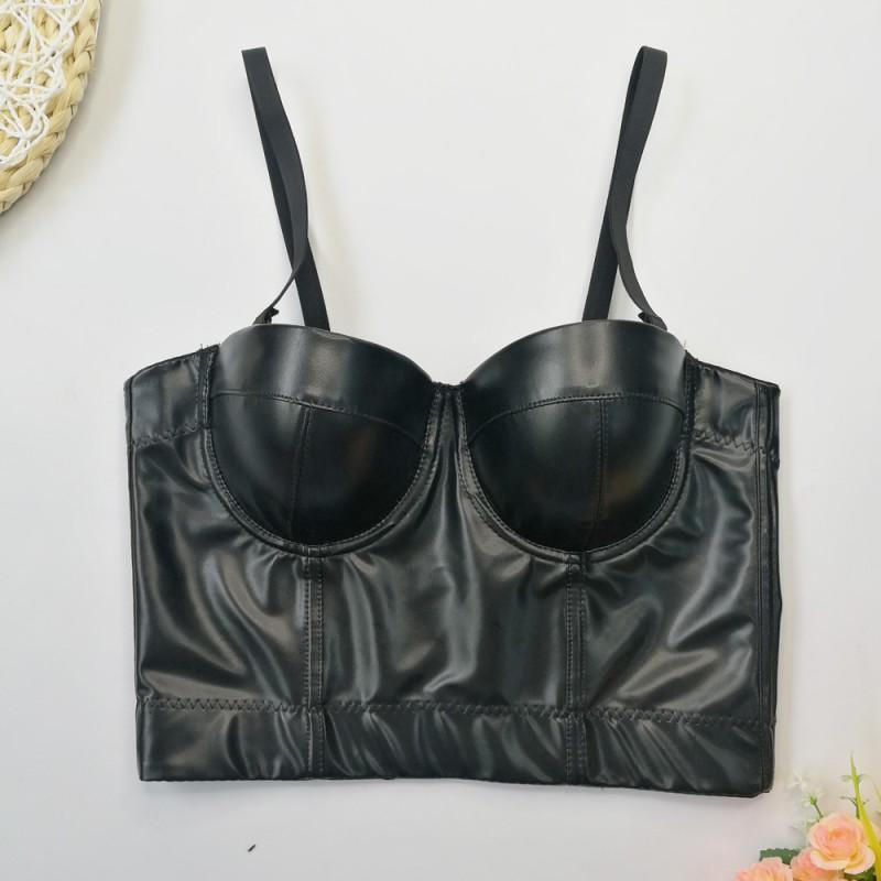 Womens PU Leather Corset Top Sleeveless Bustier Push Up Removable Straps Slim Fit Short Length Party Daily Wear