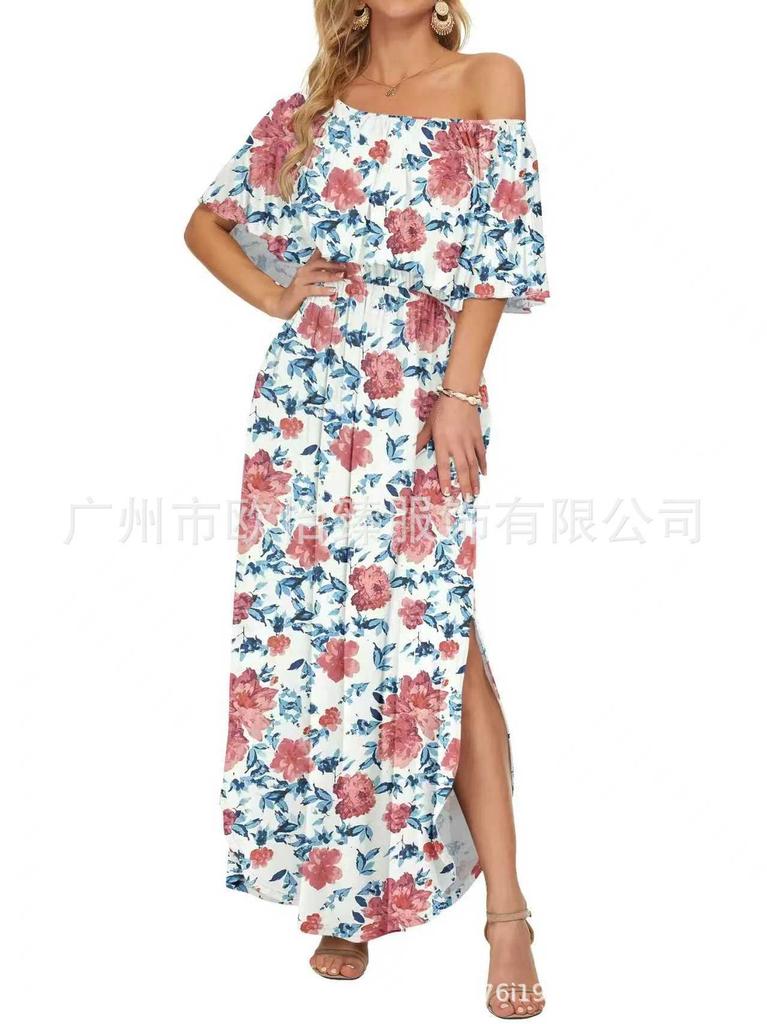Summer new printed one-word shoulder short-sleeved long dress