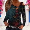 Women Plus Size Asymmetric Cutout Neck Cold Shoulder Long Sleeve Skull Floral Printed Black Fitted Shirt