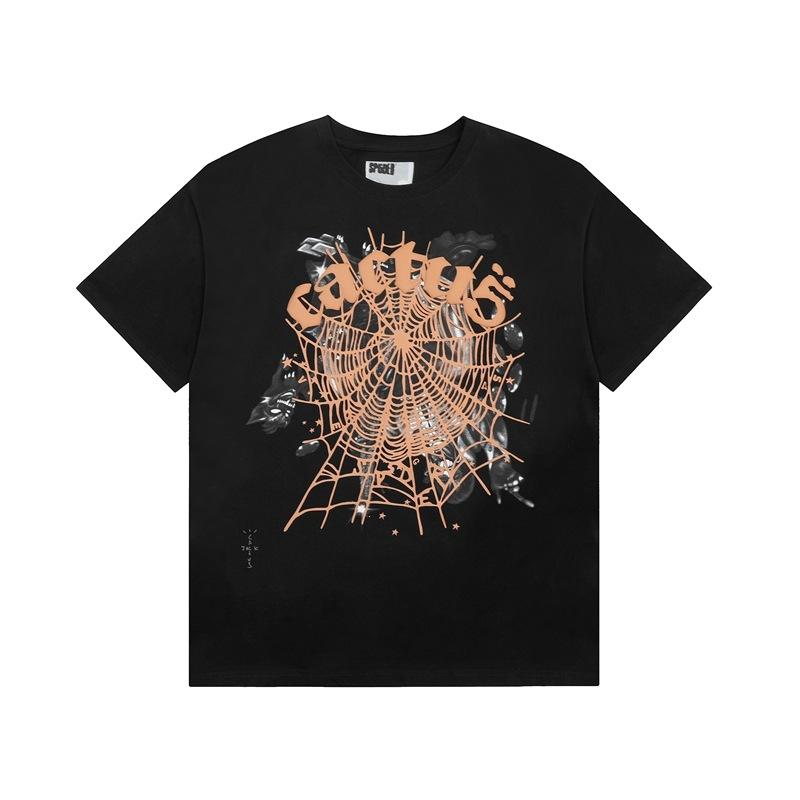 Foreign Trade Meichao Sp5der555555 Spider Web Printing Summer Loose Trend Men's and Women's Couples Short Sleeve T-Shirt Summer