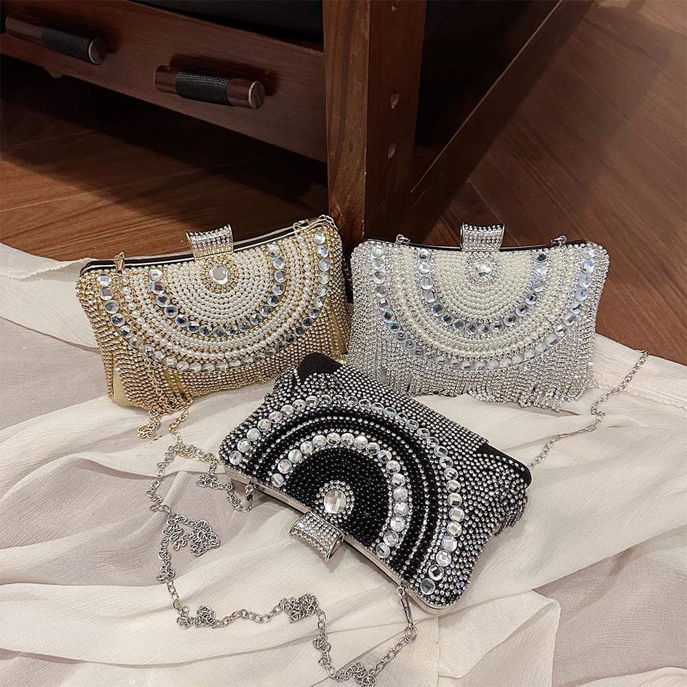 Women Rhinestones Tassel Shouder Bag with Chain Metal Snap Sling Bag Luxury Satchel Bag Female Wedding Club Bag