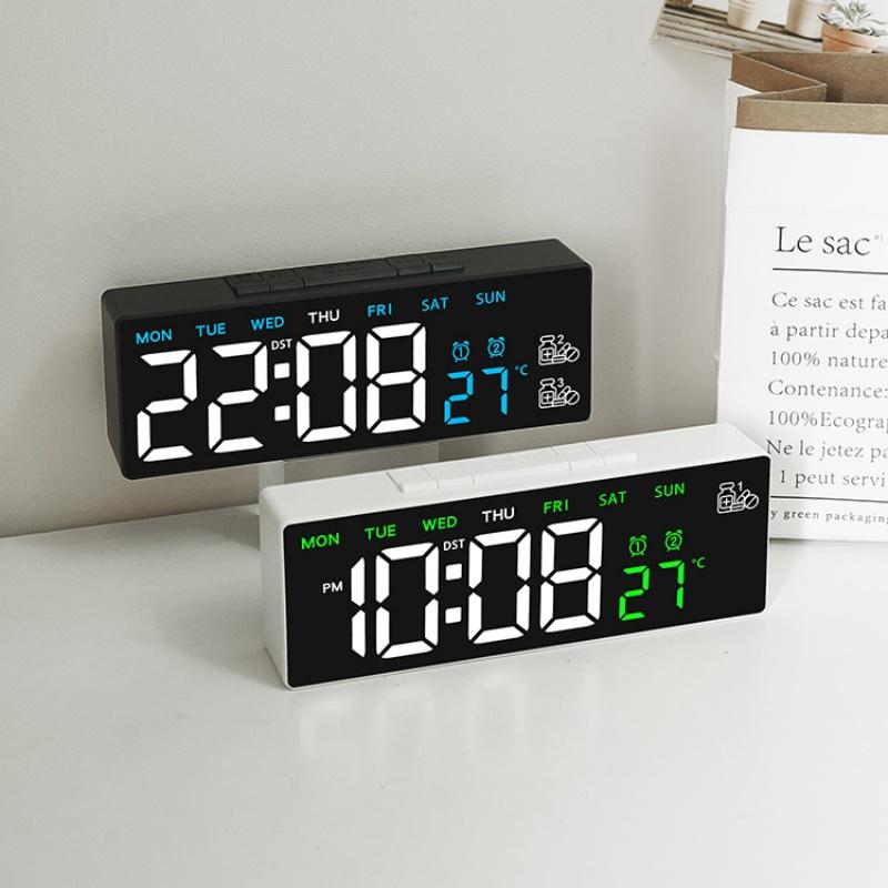 Digital Alarm Clock TEMP Date Week 3 Medication Reminders 2 Alarm 3 Levels Brightness USB Output Charging Port 12/24H LED Clock
