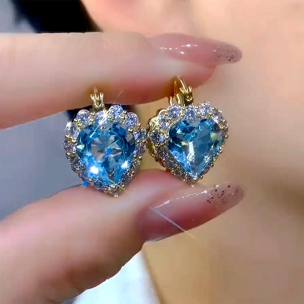 Luxury Female White Blue Zircon Stone Heart Hoop Earrings Vintage Fashion Gold Color Wedding For Women