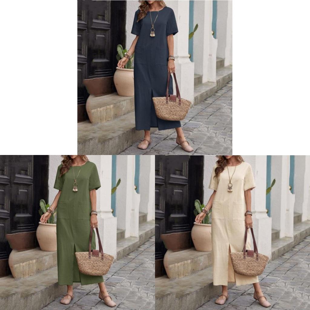 Cotton Linen Casual Loose Fit Short Sleeve Dress With Pockets For Summer Womens Fashion